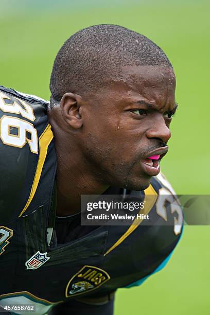 Sherrod Martin of the Jacksonville Jaguars warms up before a game against the Tennessee Titans at LP Field on October 12, 2014 in Nashville,...