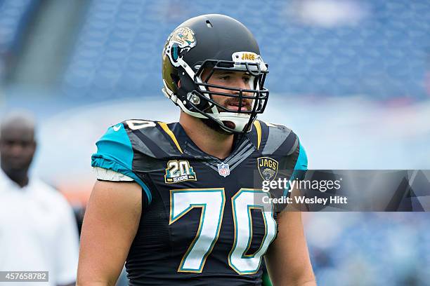 Luke Bowanko of the Jacksonville Jaguars warms up before a game against the Tennessee Titans at LP Field on October 12, 2014 in Nashville, Tennessee....