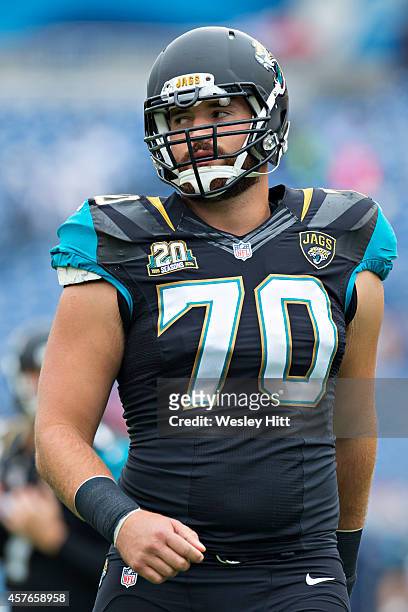 Luke Bowanko of the Jacksonville Jaguars warms up before a game against the Tennessee Titans at LP Field on October 12, 2014 in Nashville, Tennessee....