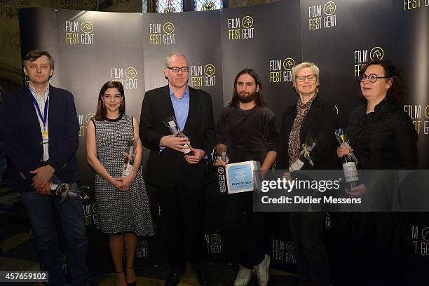 Sergei Loznitsa, Helois Godet, Bret Easton Ellis, Franco Lolli, Patrice Toye and Dana Linssen pose for a picture at the end of the Award Ceremony at...
