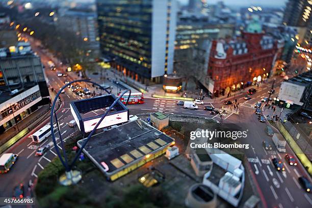 Traffic passes around the Old Street roundabout, in the area known as London's Tech City, in this image taken with a tilt-shift lens in London, U.K.,...