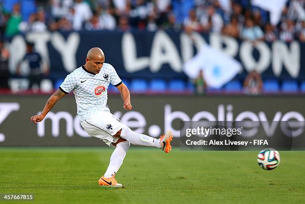 Humberto Suazo of CF Monterrey scores his goal from the penalty spot during the FIFA Club World Cup 5th place match between Al Ahly SC and CF...