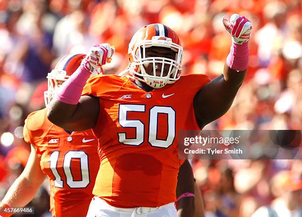 Grady Jarrett of the Clemson Tigers reacts after making a tackle during the game against the Louisville Cardinals at Memorial Stadium on October 11,...