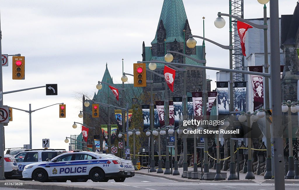 The aftermath of a shooting in Ottawa, where a soldier was shot at the War Memorial and shots were fired in Parliament.