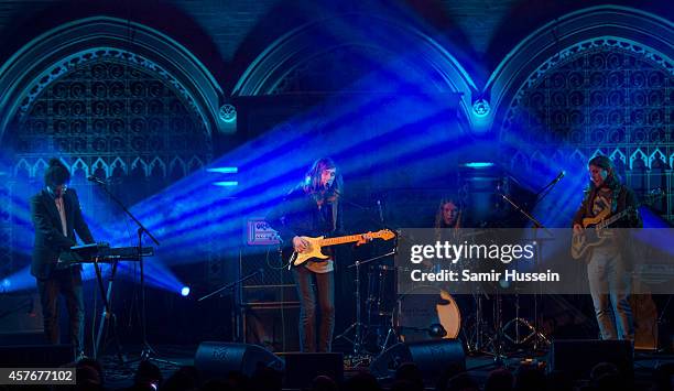 John Magill, Liam Magill, Fred Rother and Raven Bush of Syd Arthur perform on stage for Mencap's Little Noise Sessions at the Union Chapel on October...