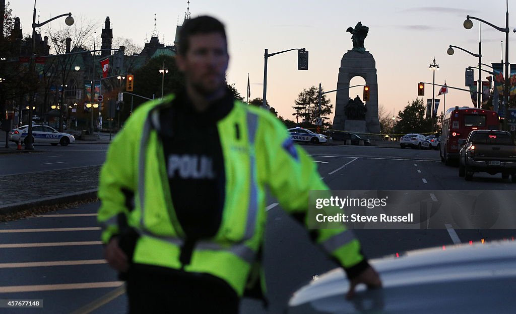 The aftermath of a shooting in Ottawa, where a soldier was shot at the War Memorial and shots were fired in Parliament.