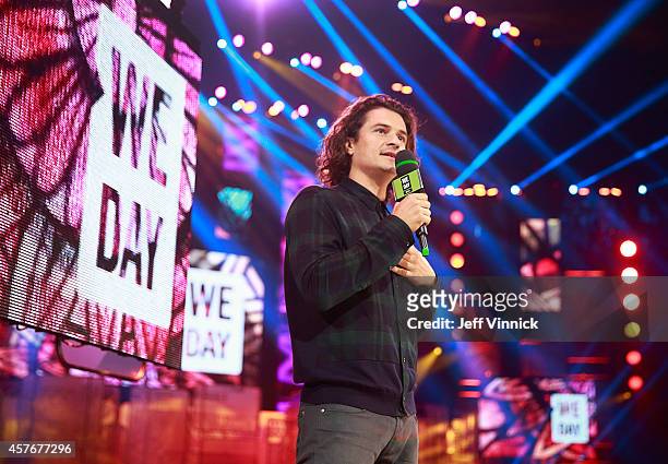 Actor and humanitarian, Orlando Bloom, inspires 20,000 students at We Day at Rogers Arena on Wednesday October 22, 2014 in Vancouver, British...