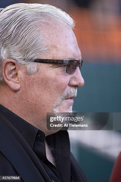 World Series: Closeup of San Francisco Giants general manager Brian Sabean during batting practice before Game 1 vs Kansas City Royals at Kauffman...