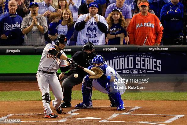 Gregor Blanco of the San Francisco Giants hits a lead off home run in the first inning against the Kansas City Royals during Game Two of the 2014...