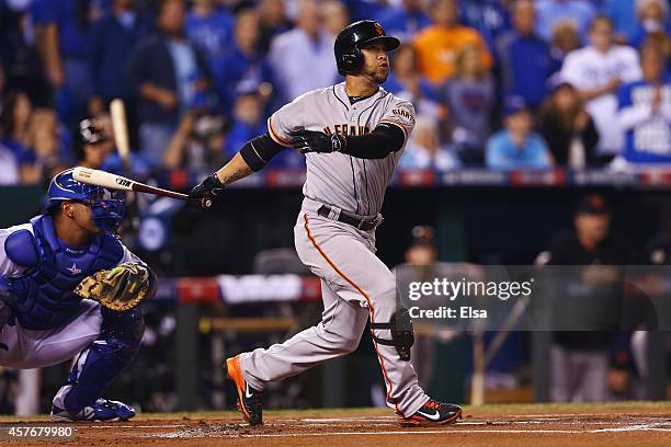 Gregor Blanco of the San Francisco Giants hits a lead off home run in the first inning against the Kansas City Royals during Game Two of the 2014...