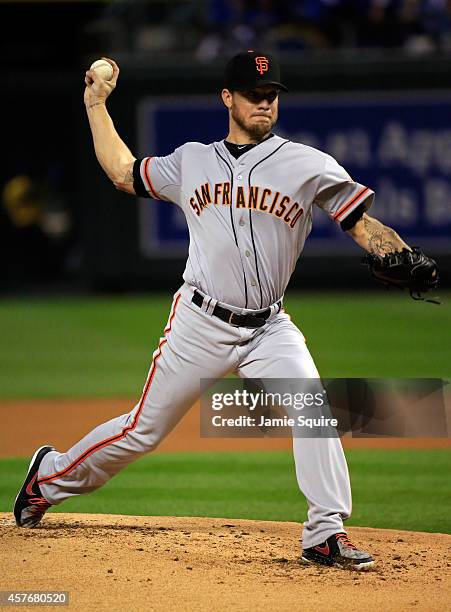 Jake Peavy of the San Francisco Giants pitches against the Kansas City Royals in the first inning during Game Two of the 2014 World Series at...