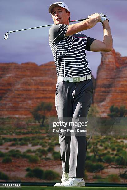 Brett Rumford of Australia tees off on the 17th hole during day one of the 2014 Perth International at Lake Karrinyup Country Club on October 23,...