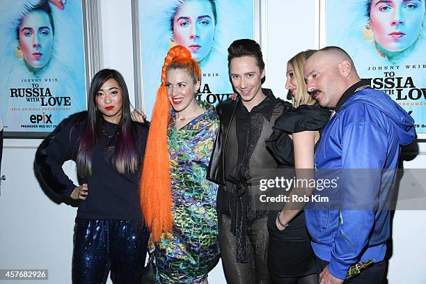 Johnny Weir poses in a group photo with guests at "Two Russia With Love" New York Premiere at The Paramount Screening Room on October 22, 2014 in New...