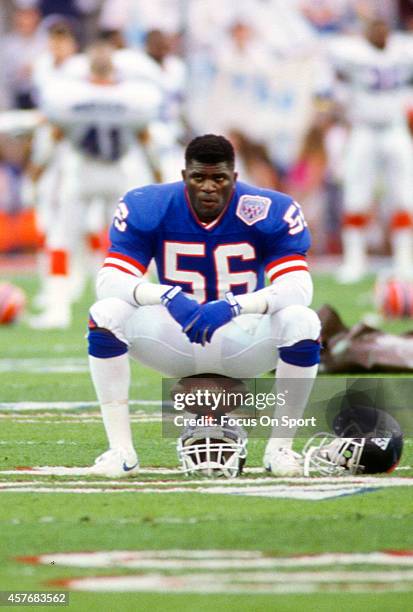 Lawrence Taylor of the New York Giants looks on during pre-game warm ups prior to playing the Buffalo Bills in Super Bowl XXV January 27, 1991 at...