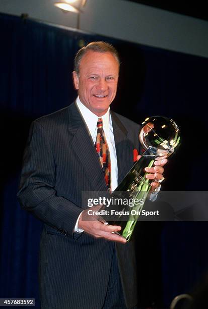 Head Coach Barry Switzer of the Dallas Cowboys holds up the Vince Lombardi Trophy prior to the Cowboy playing the Pittsburgh Steelers in Super Bowl...