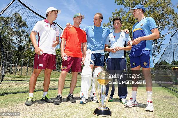 Matthew Hayden poses with potential CWC net bowlers, Mitch Swepson, Adam Ball, Josh Dascombe and Jack Prestwidge during the ICC Cricket World Cup net...