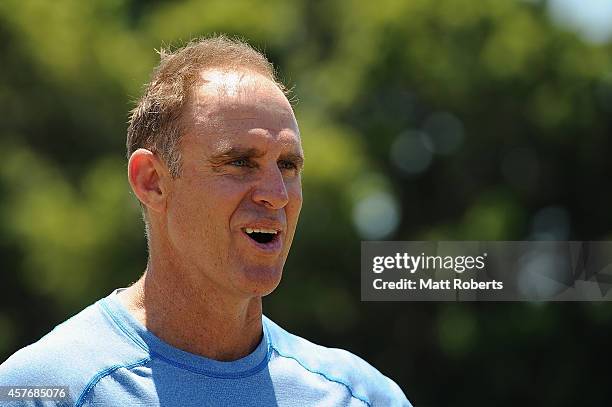 Matthew Hayden speaks to media representatives during the ICC Cricket World Cup net bowler program launch at Allan Border Field on October 23, 2014...