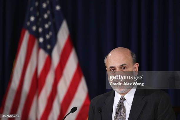 Federal Reserve Board Chairman Ben Bernanke speaks during a news conference after a Federal Open Market Committee meeting December 18, 2013 at the...
