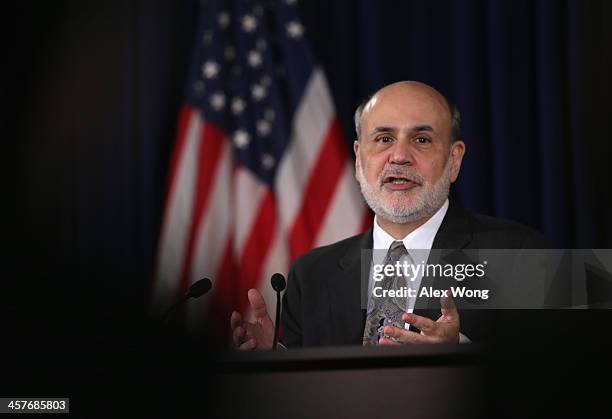 Federal Reserve Board Chairman Ben Bernanke speaks during a news conference after a Federal Open Market Committee meeting December 18, 2013 at the...