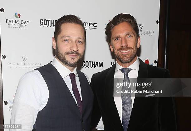 Steve Feratovic and Henrik Lundqvist attend Gotham Magazine Celebrates Cover Star Henrik Lundqvist At Wolfgang's Steakhouse on October 22, 2014 in...