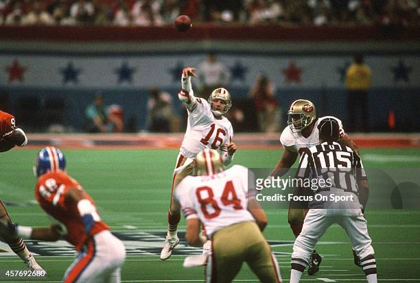 Joe Montana of the San Francisco 49ers throws a pass against the Denver Broncos during Super Bowl XXIV on January 28, 1990 at the Super Dome in New...