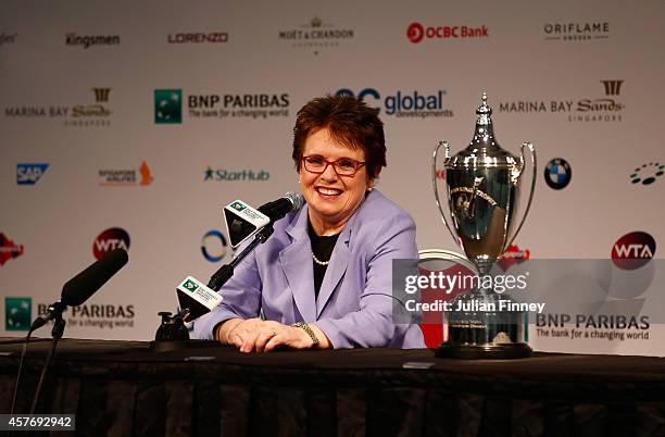 Billie Jean King talks to the media during day four of the BNP Paribas WTA Finals tennis at the Singapore Sports Hub on October 23, 2014 in Singapore.