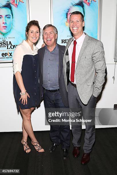 Anastasia Bucsis with Mark Tewksbury and guest attend 'Two Russia With Love' New York Premiere at The Paramount Screening Room on October 22, 2014 in...