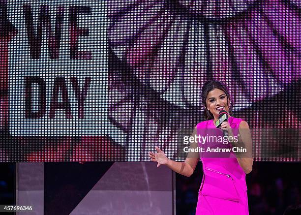 Selena Gomez speaks on stage during 'We Day Vancouver' at Rogers Arena on October 22, 2014 in Vancouver, Canada.