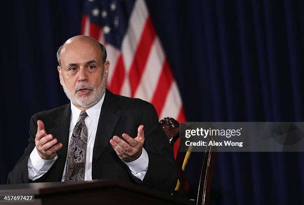 Federal Reserve Board Chairman Ben Bernanke speaks during a news conference after a Federal Open Market Committee meeting December 18, 2013 at the...