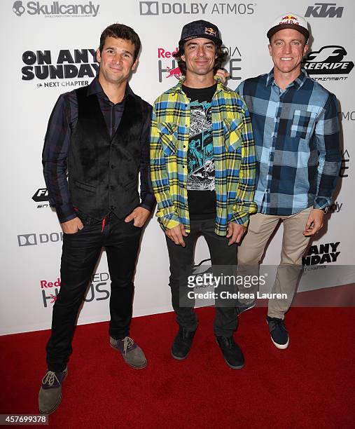 Darren Berrecloth, Ronnie Renner and Aaron Gwin arrive at the "On Any Sunday, The Next Chapter," a film from Red Bull Media House, premiere at Dolby...