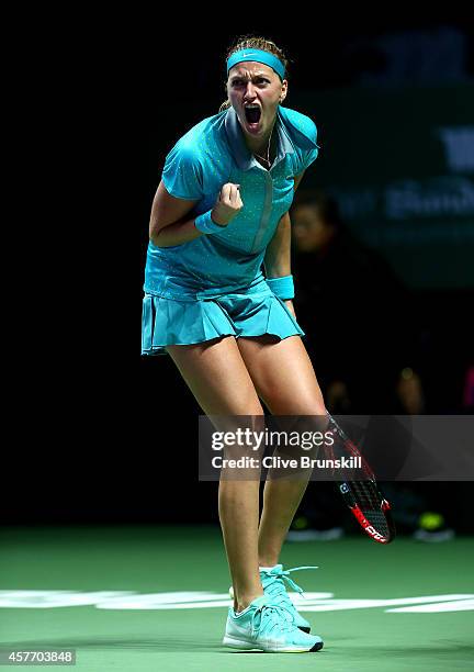 Petra Kvitova of the Czech Republic celebrates a point againstMaria Sharapova of Russia in their round robin match during the BNP Paribas WTA Finals...