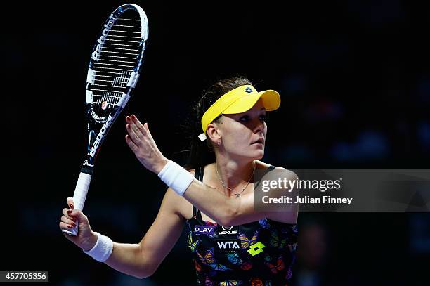 Agnieszka Radwanska of Poland in action in her match against Caroline Wozniacki of Denmark during day four of the BNP Paribas WTA Finals tennis at...