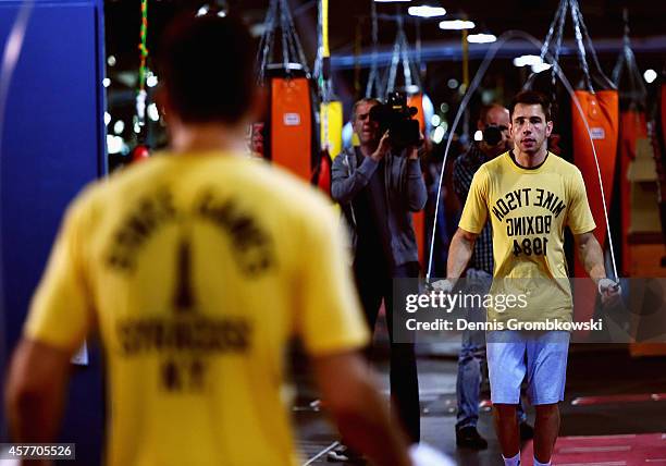 German Boxer Felix Sturm practices during a public traning session at his Felix Sturm Boxing Gym on October 23, 2014 in Cologne, Germany.