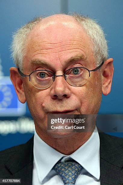 Herman Van Rompuy, the outgoing President of the European Council, speaks during a press conference at the beginning of a two-day European Council...