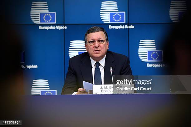 Jose Manuel Barroso, the outgoing European Commission President, speaks during a press conference at the beginning of a two-day European Council...