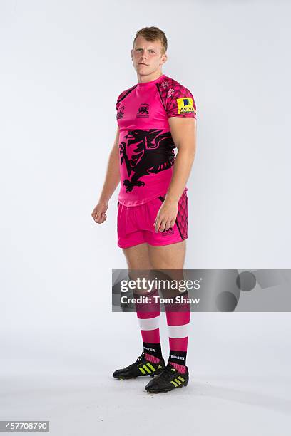 Joshua McNally of London Welsh poses for a picture during the London Welsh Photocall at Old Deer Park on August 29, 2014 in Richmond Upon Thames,...