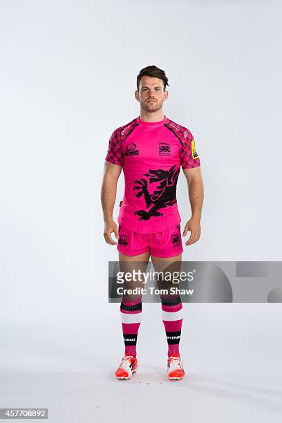 Ed Hoadley of London Welsh poses for a picture during the London Welsh Photocall at Old Deer Park on August 29, 2014 in Richmond Upon Thames, England.