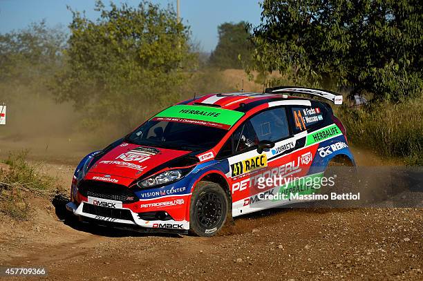 Nicolas Fuchs of Peru and Fernando Mussano of Argentina compete in their Ford Fiesta R5 during the Shakedown of the WRC Spain on October 23, 2014 in...