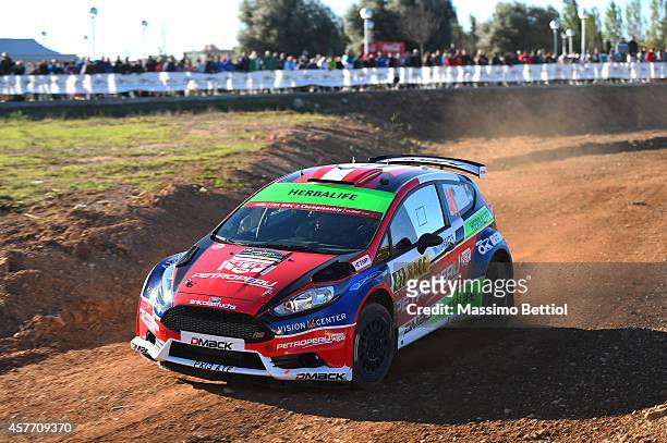 Nicolas Fuchs of Peru and Fernando Mussano of Argentina compete in their Ford Fiesta R5 during the Shakedown of the WRC Spain on October 23, 2014 in...