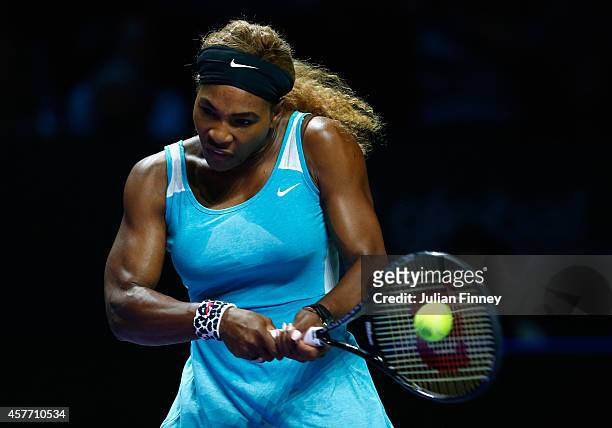 Serena Williams of USA in action in her match against Eugenie Bouchard of Canada during day four of the BNP Paribas WTA Finals tennis at the...