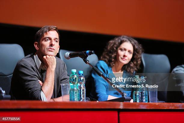 Adriano Giannini and Kseniya Rappoport attend the 'La Foresta Di Ghiaccio' Press Confenrence during the 9th Rome Film Festival on October 23, 2014 in...