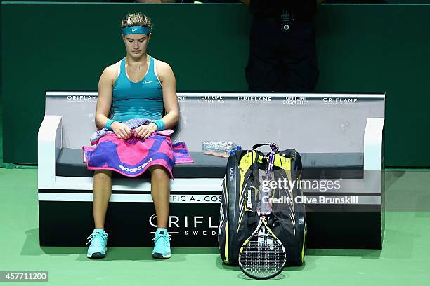 Eugenie Bouchard of Canada shows her dejection against Serena Williams of the United States in their round robin match during the BNP Paribas WTA...