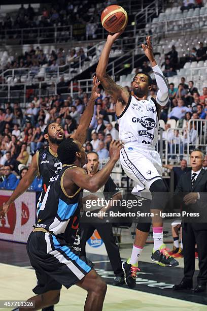 Allan Ray of Granarolo competes with Austin Freeman of Upea during the match between Granarolo Bologna and Upea Capo d'Orlandoe at Unipol Arena on...