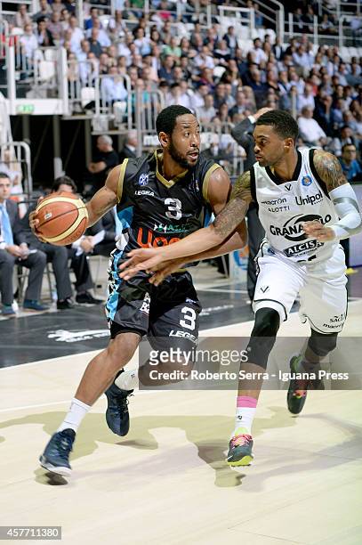 Austin Freeman of Upea competes with Allan Ray of Granarolo during the match between Granarolo Bologna and Upea Capo d'Orlandoe at Unipol Arena on...