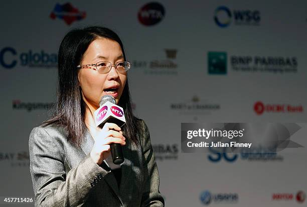 Lydia Long, Vice Mayor of Zhuhai talks at the press conference for the WTA Elite Trophy in Zhuhai starting 2015 during day four of the BNP Paribas...