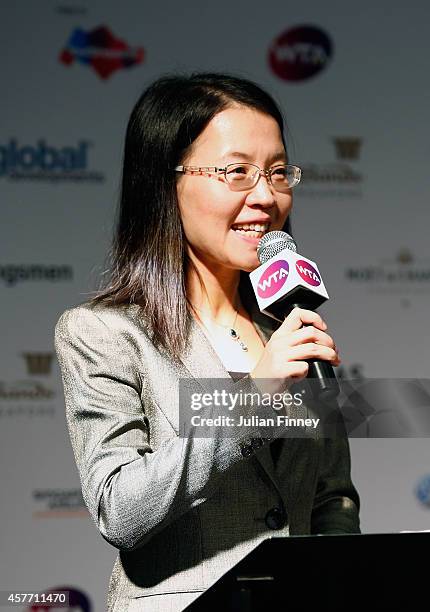 Lydia Long, Vice Mayor of Zhuhai talks at the press conference for the WTA Elite Trophy in Zhuhai starting 2015 during day four of the BNP Paribas...