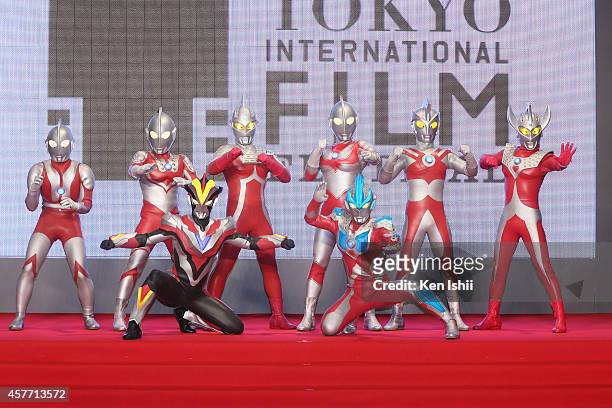 The Ultraman characters pose for 'Ultra Seven -The HD' photocall during the opening ceremony during the 27th Tokyo International Film Festival at...
