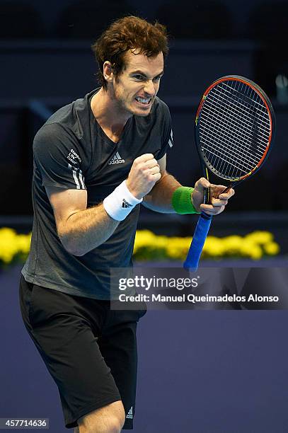 Andy Murray of Great Britain celebrates match point against Fabio Fognini of Italy during day four of the ATP 500 World Tour Valencia Open tennis...