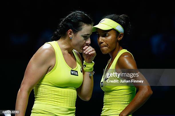 Raquel Kops-Jones of USA and Abigail Spears of USA talk tactics in the doubles quarter finals against Cara Black of Zimbabwe and Sania Mirza of India...