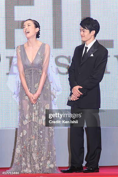 Actress Rie Miyazawa and actor Sousuke Ikematsu arrives at the opening ceremony during the 27th Tokyo International Film Festival at Roppongi Hills...